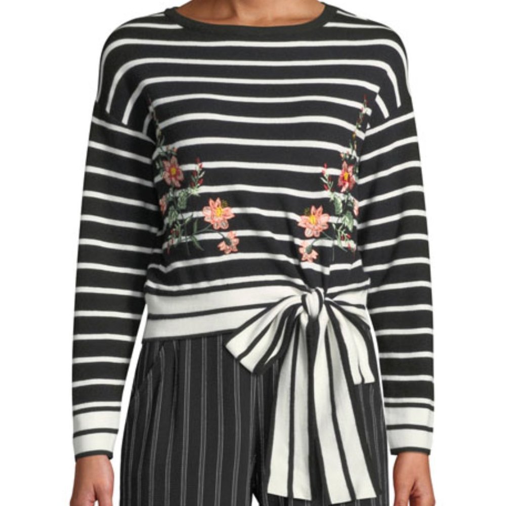 J.O.A. Women Size Small Black White Stripe Floral Side Tie Knit Sweater